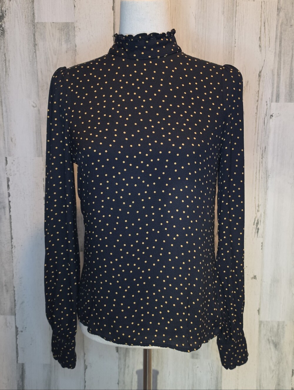 Reformation Womens S Black Mustard Polka Dot Blouse Ruffle Mock Neck Cottagecore